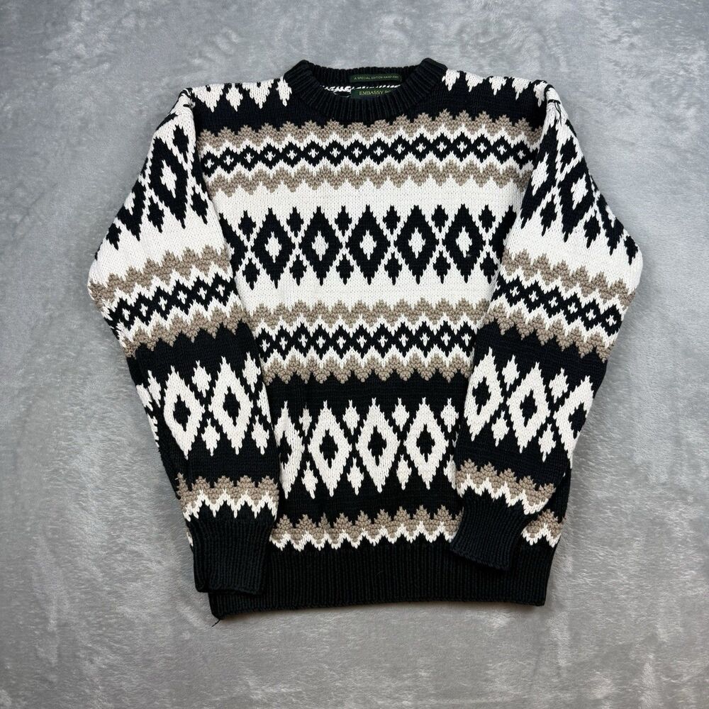 Embassy Row Special Edition Hand Knit Sweater Men’s Small Black Fair Isle Nordic